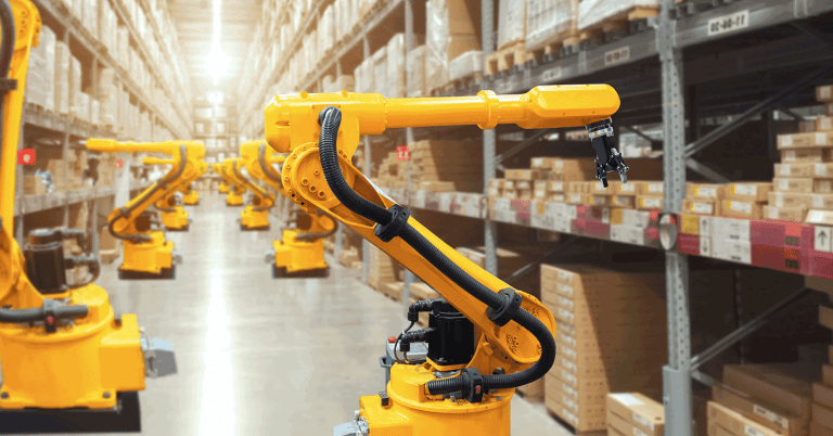 yellow robotic arm picking order in a fulfilment center