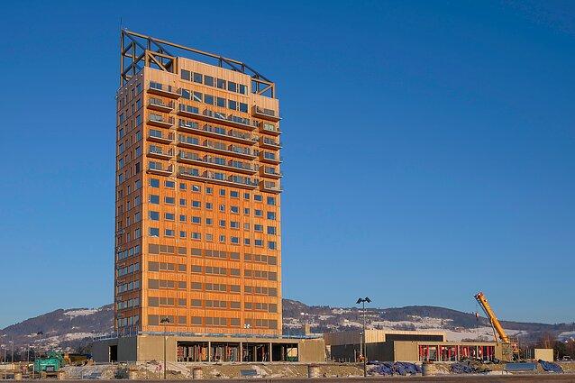 full view of the world's tallest wooden building in Brumunddal, Norway