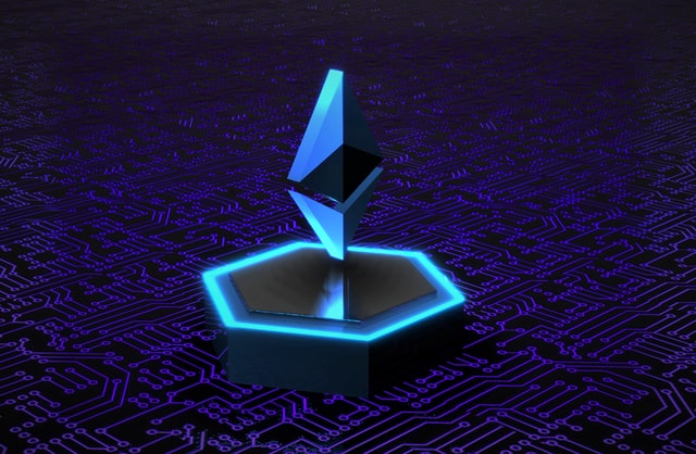 blue ethereum logo on smart contract